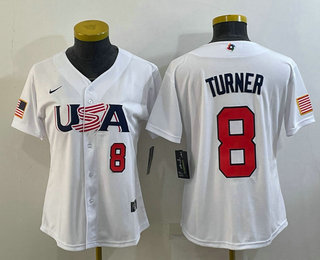 Womens USA Baseball #8 Trea Turner Number 2023 White World Classic Stitched Jerseys->2023 world baseball classic->MLB Jersey